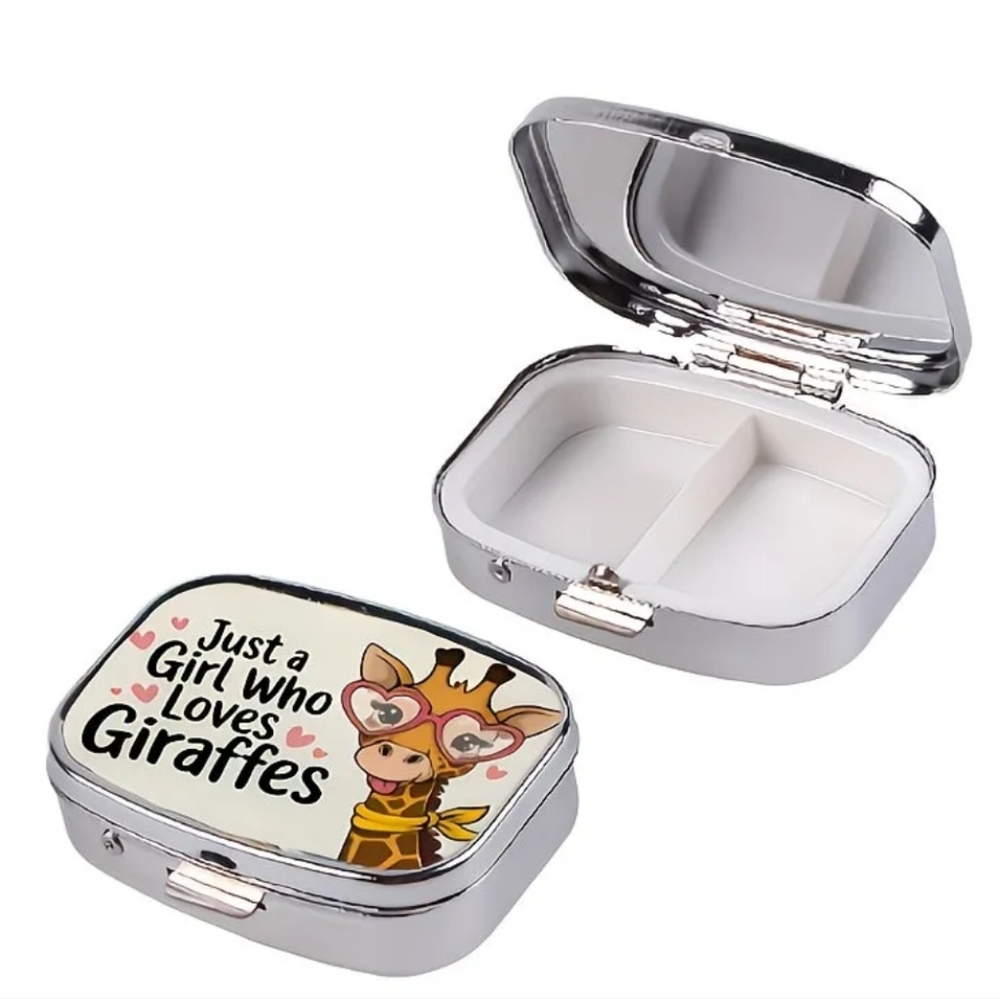 🆕️💊 🦒GIRAFFE PORTABLE METAL PILL BOX ORGANIZER WITH MIRROR 🦒💊
